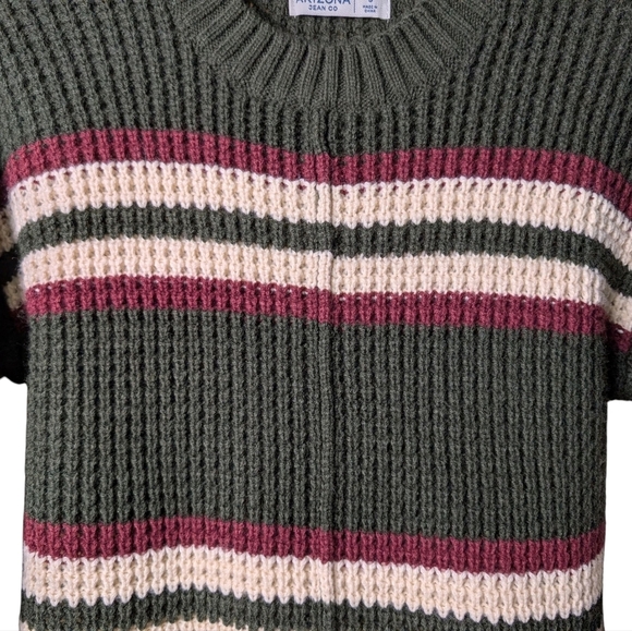 New Arizona Jean Co Olive Green Cream Maroon Red Striped Sweater Holiday Crew - Picture 4 of 11